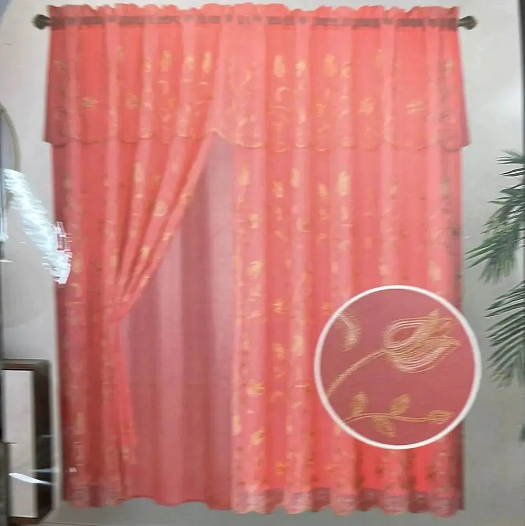 Linen World Curtain Panel Embroidered Rod Pocket Panel with Attached Valance and Backing