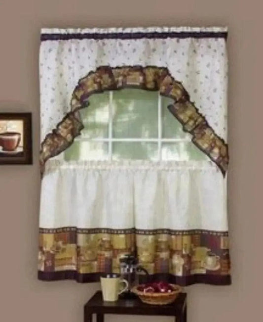 Linen World Curtains & Drapes 24” set / Coffee Anti Fatigue Mat Coffee - Printed Tier and Swag Set Kitchen Curtains