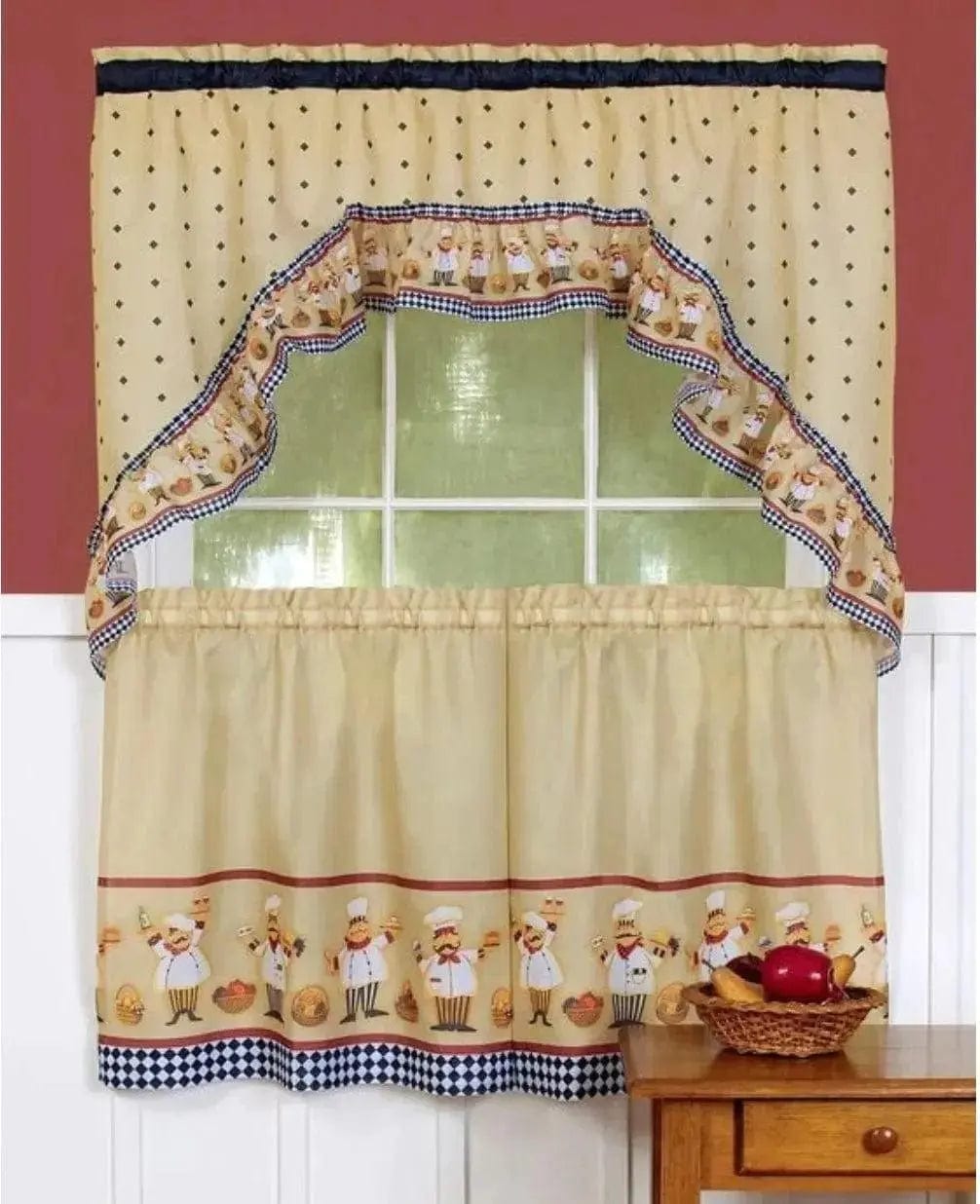 Linen World Curtains & Drapes 24” set Cucina Printed Tier and Swag Set Kitchen Curtains