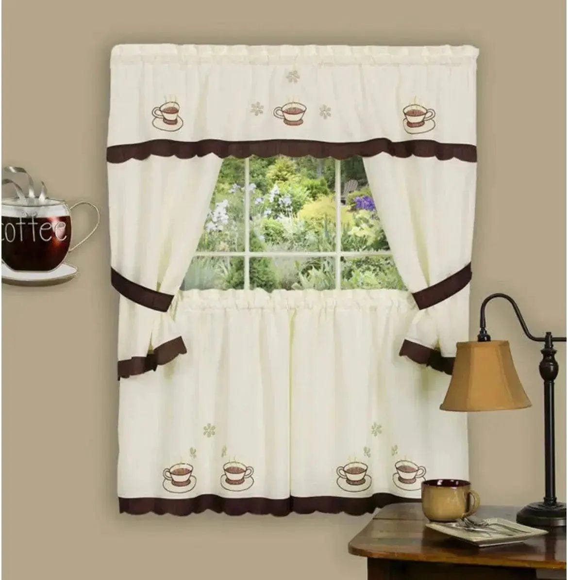 Linen World Curtains & Drapes 24” set Cuppa Joe Embellished Tailored Cottage Kitchen Curtain Set