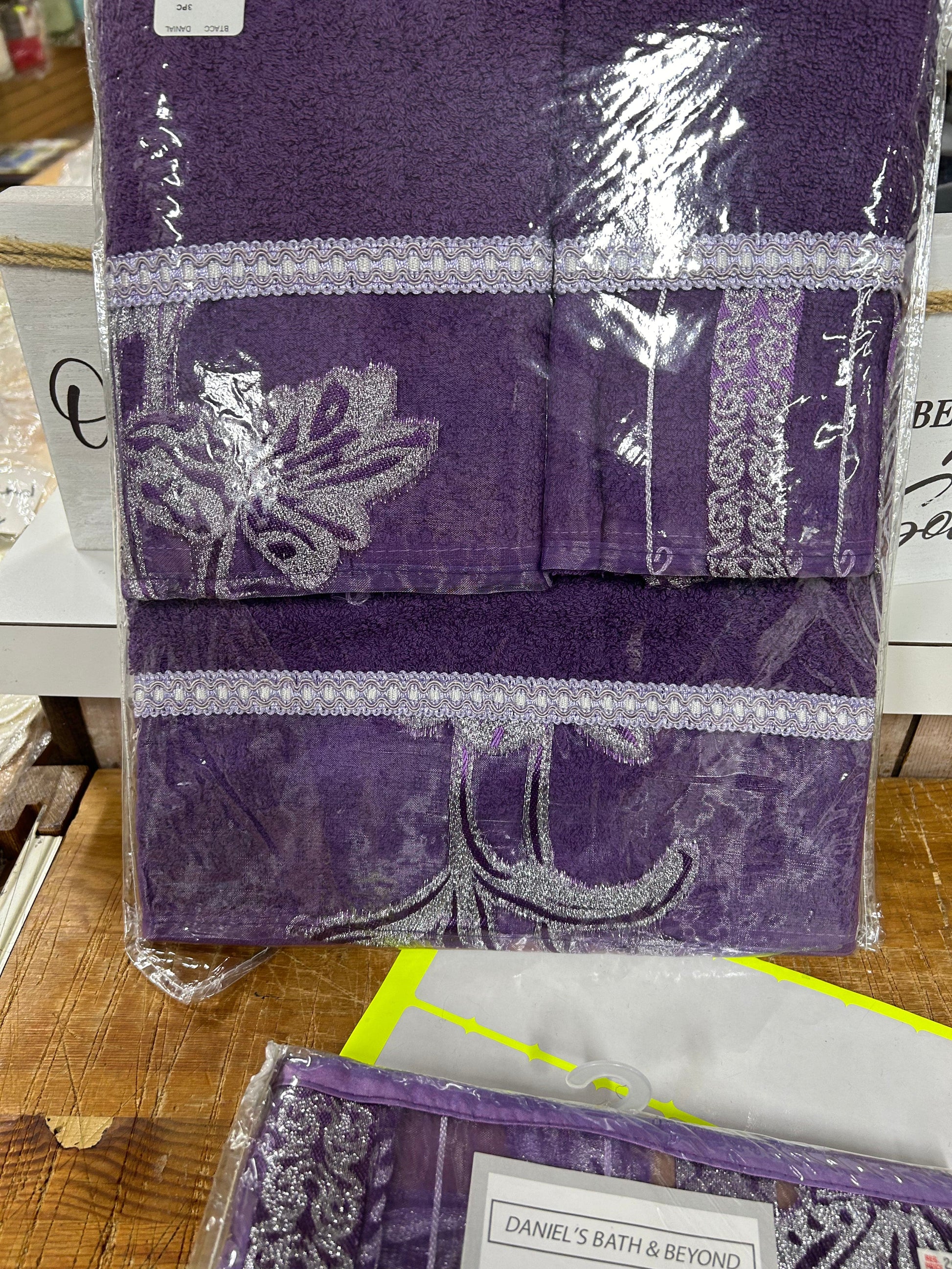 Linen World 3 PC TOWEL SET Paris Purple Complete Shower Curtain Set with Scarf