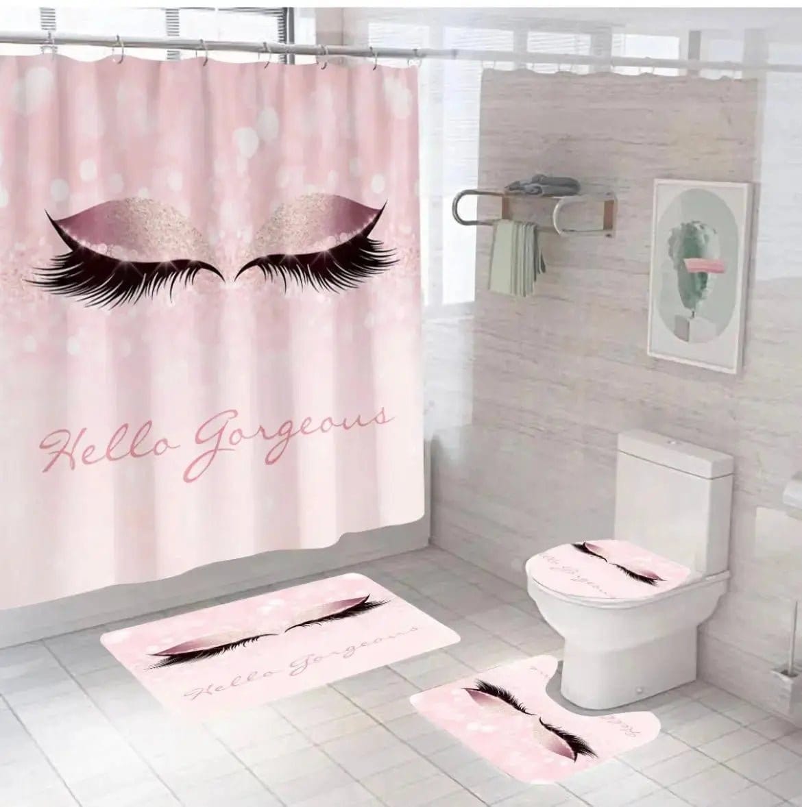 Linen World Shower curtain set 4 PC "Hello Gorgeous" Shower Curtain and Bathmat Set