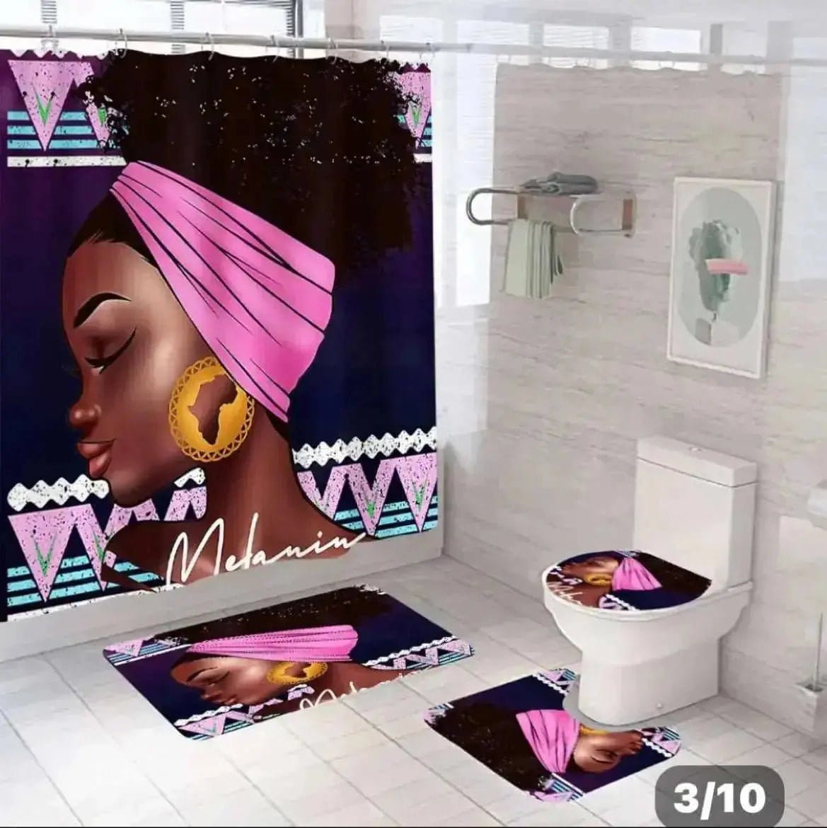 Linen World Shower curtain set 4 PC "Retro in Pink" Shower Curtain and Bathmat Set
