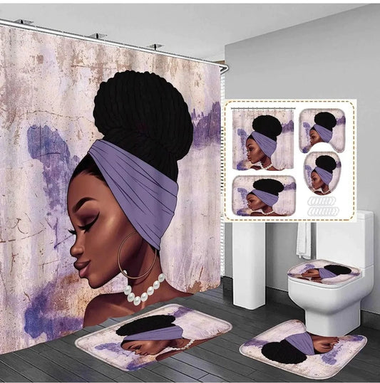 Linen World "Beautiful Woman in Purple" 4 PC Shower Curtain Set