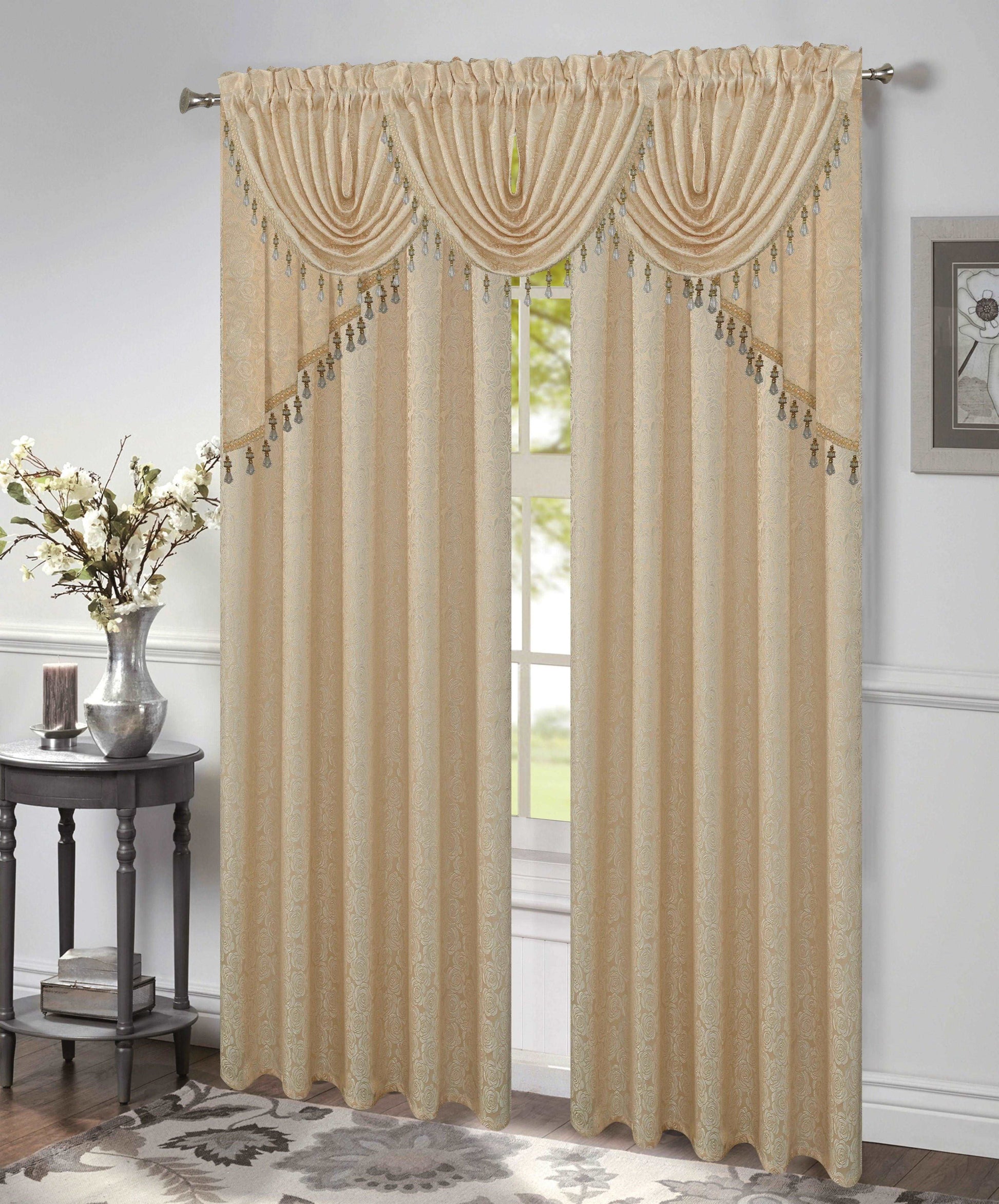 Linen World Beige “Angelina” Rose Jacquard Rod Pocket Curtain Panel
