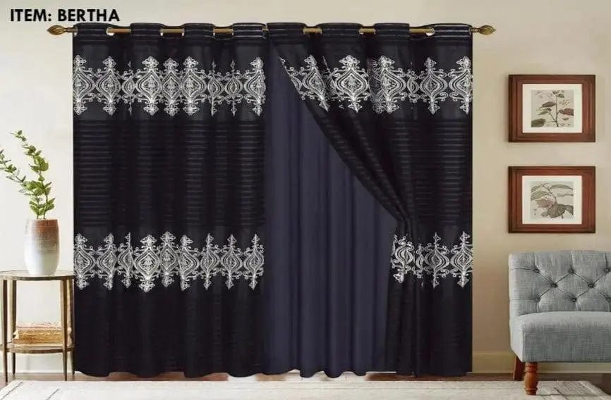 Linen World Black “Bertha” embroidered curtain panel and silk backing