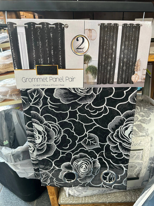 Linen World Black ‘Cynthia’ 2 Pack Metallic Flower Sheer Grommets Curtain Panels