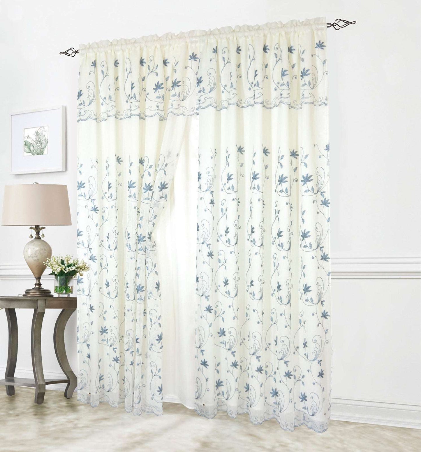 Linen World Blue / 63" inches Liliana Floral Embroidered Rod Pocket Window Panel With Valance and Backing