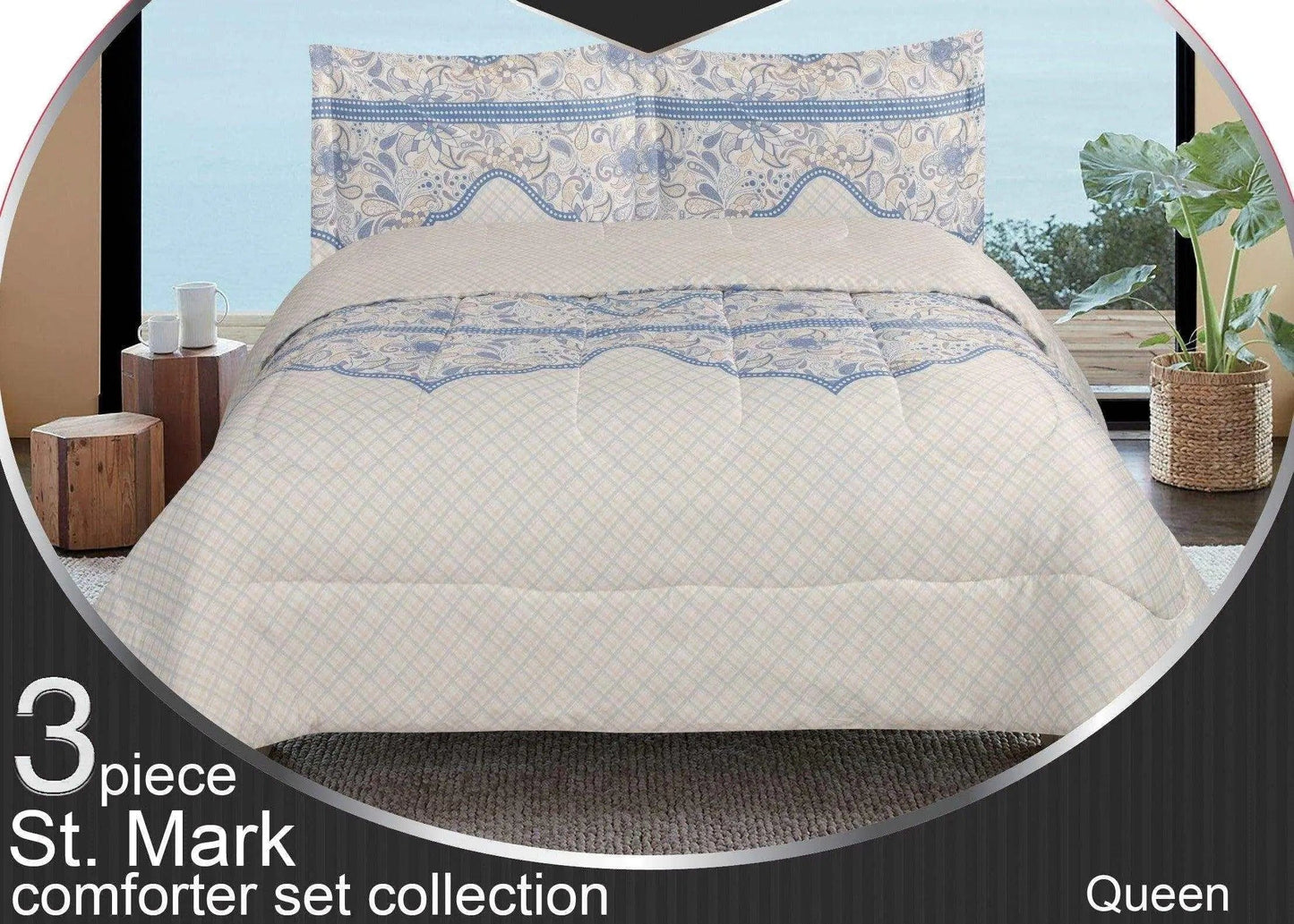 Linen World Quilts & Comforters Blue/Beige / Queen 3 PC "St. Marks" Queen/King Comforter Set