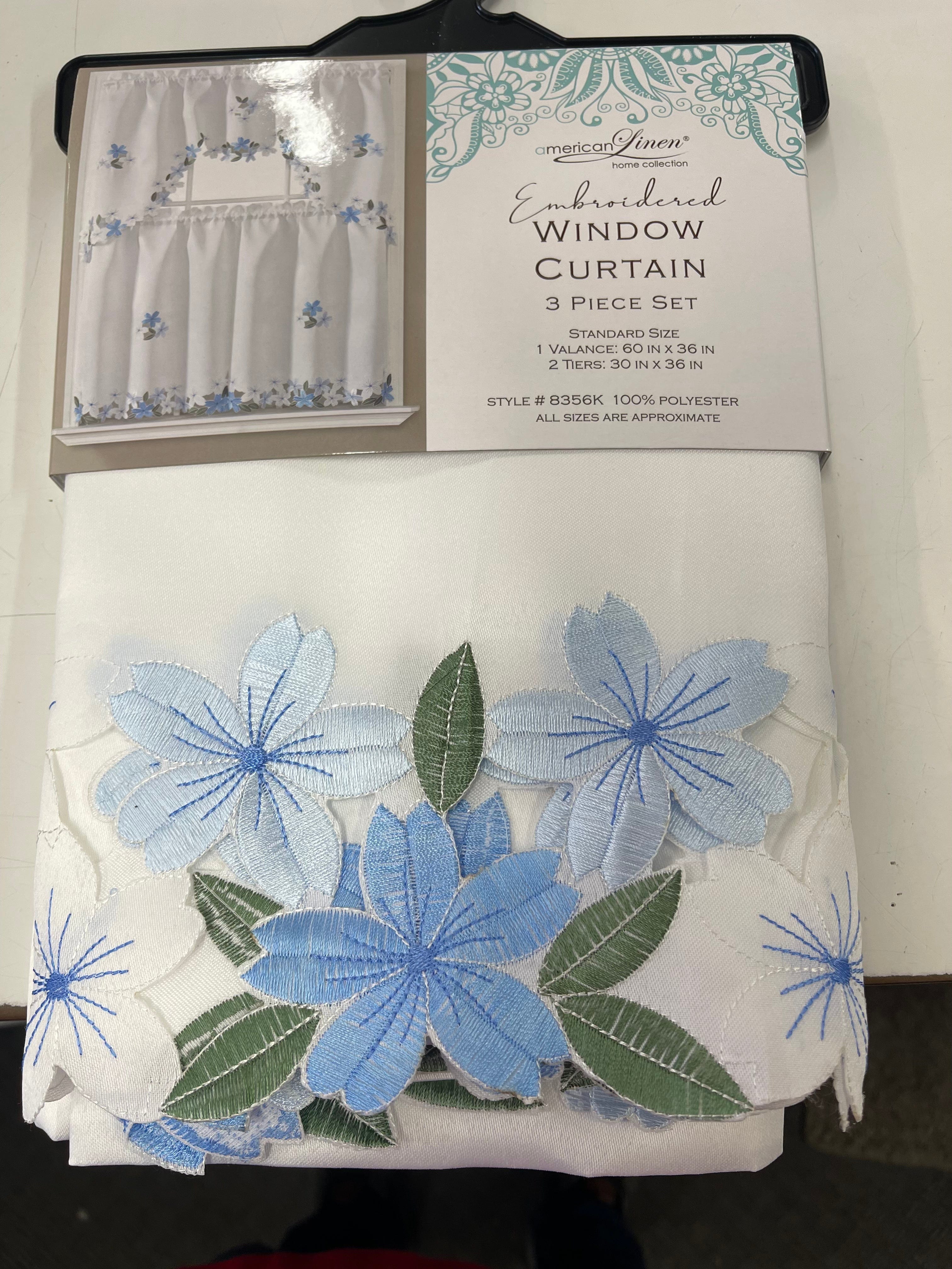 Linen World Blue Embroidered Floral Kitchen Curtain