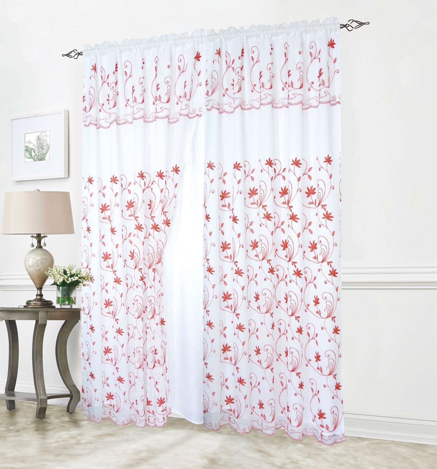 Linen World Blush / 63" inches Liliana Floral Embroidered Rod Pocket Window Panel With Valance and Backing