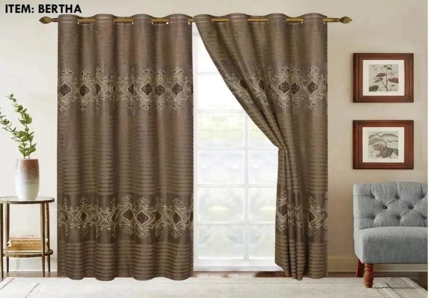 Linen World Brown “Bertha” embroidered curtain panel and silk backing