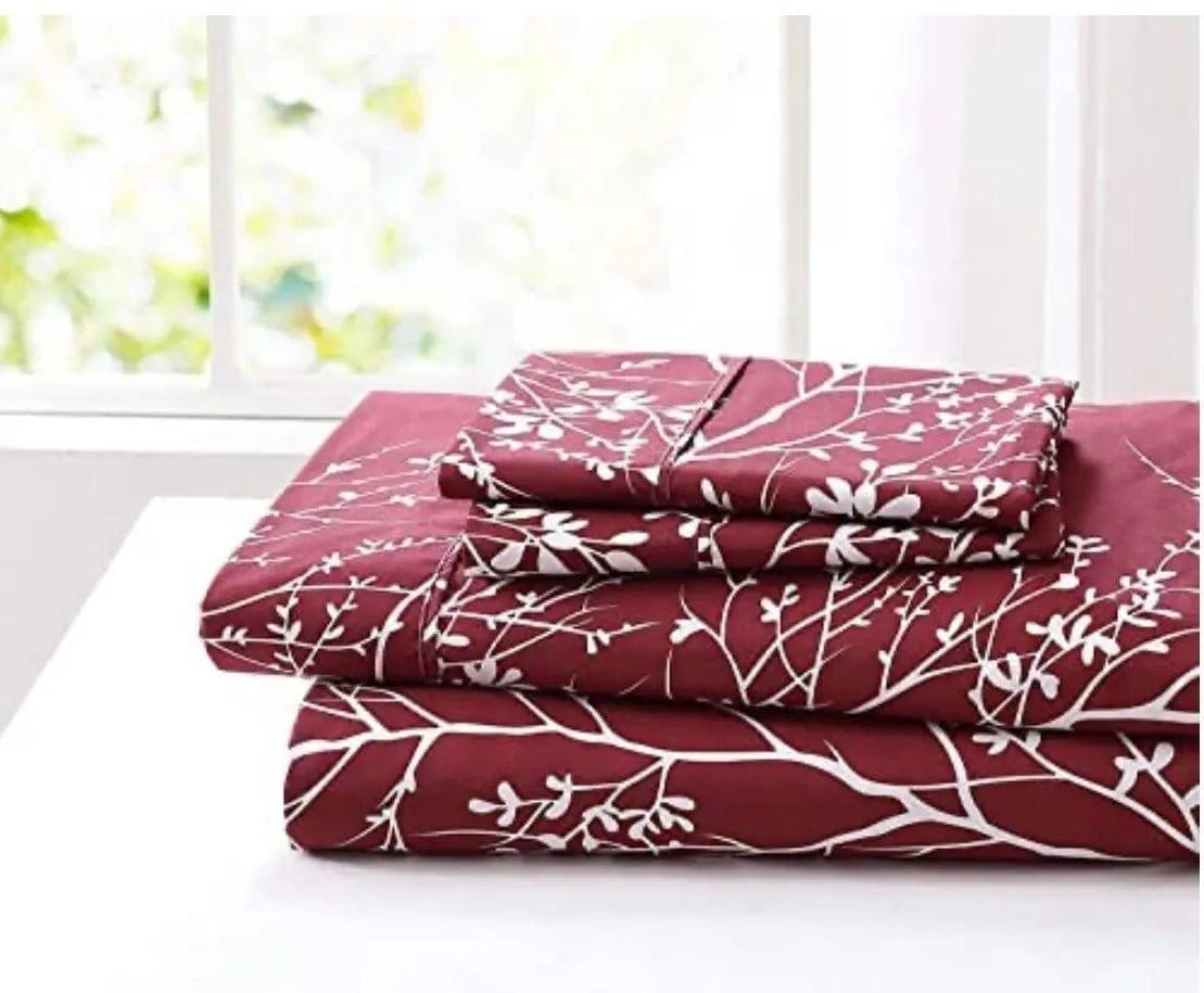 Linen World Bed Sheets Burgundy / Full/Queen Matching Foliage Sheet Set, Super Soft Microfiber Bedding, Elegant Foliage Design & Ideal for All Seasons