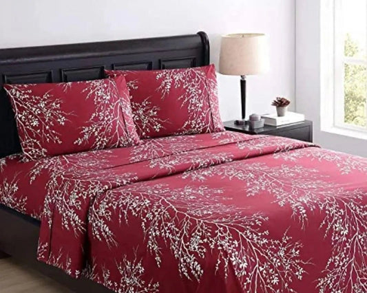 Linen World Bed Sheets Burgundy / King Matching Foliage Sheet Set, Super Soft Microfiber Bedding, Elegant Foliage Design & Ideal for All Seasons