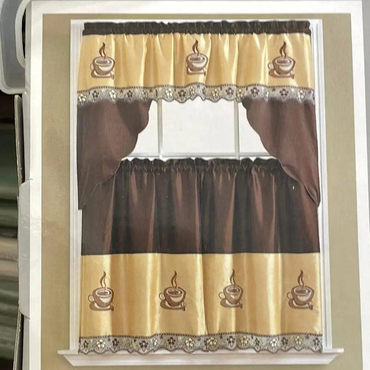 Linen World “Coffee” 3 pc Embroidered Kitchen Curtain Set