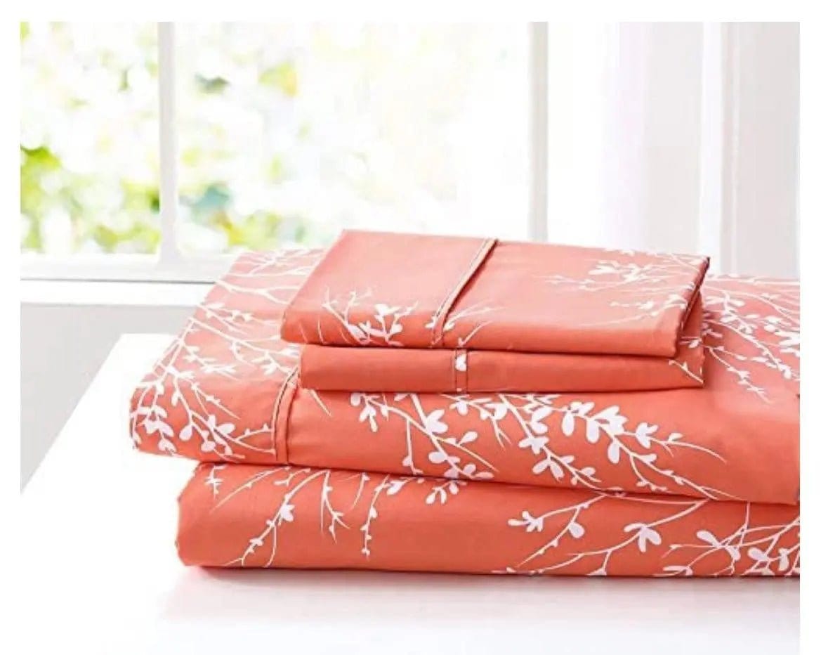 Linen World Bed Sheets Coral / Full/Queen Matching Foliage Sheet Set, Super Soft Microfiber Bedding, Elegant Foliage Design & Ideal for All Seasons