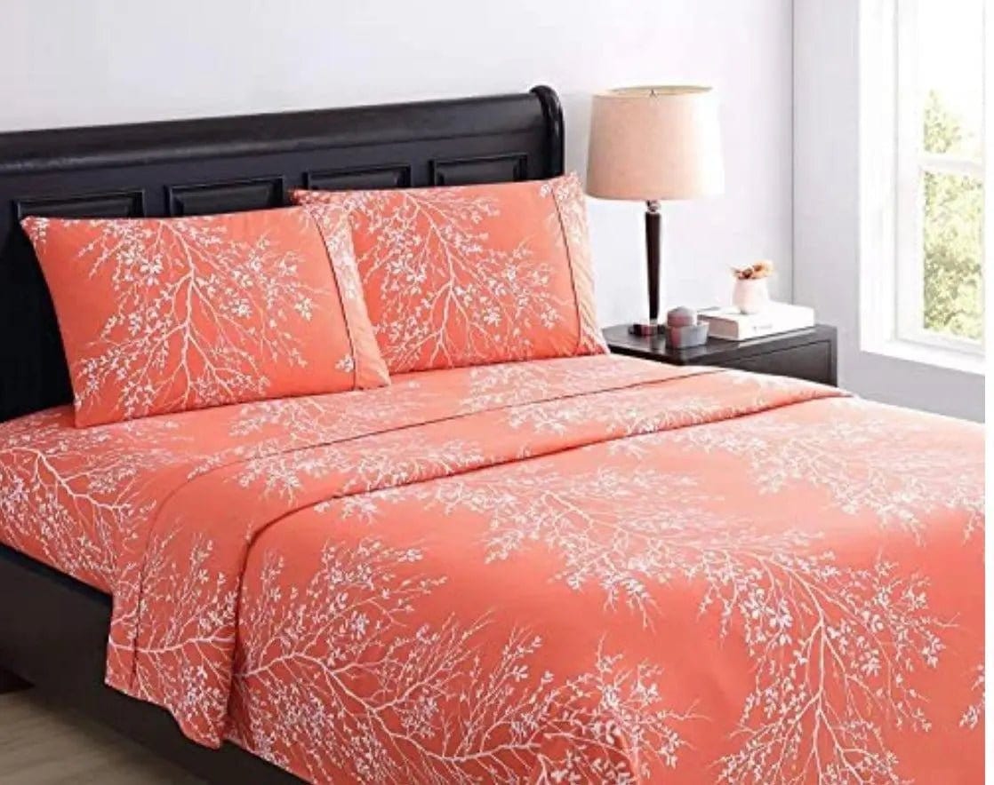 Linen World Bed Sheets Coral / King Matching Foliage Sheet Set, Super Soft Microfiber Bedding, Elegant Foliage Design & Ideal for All Seasons