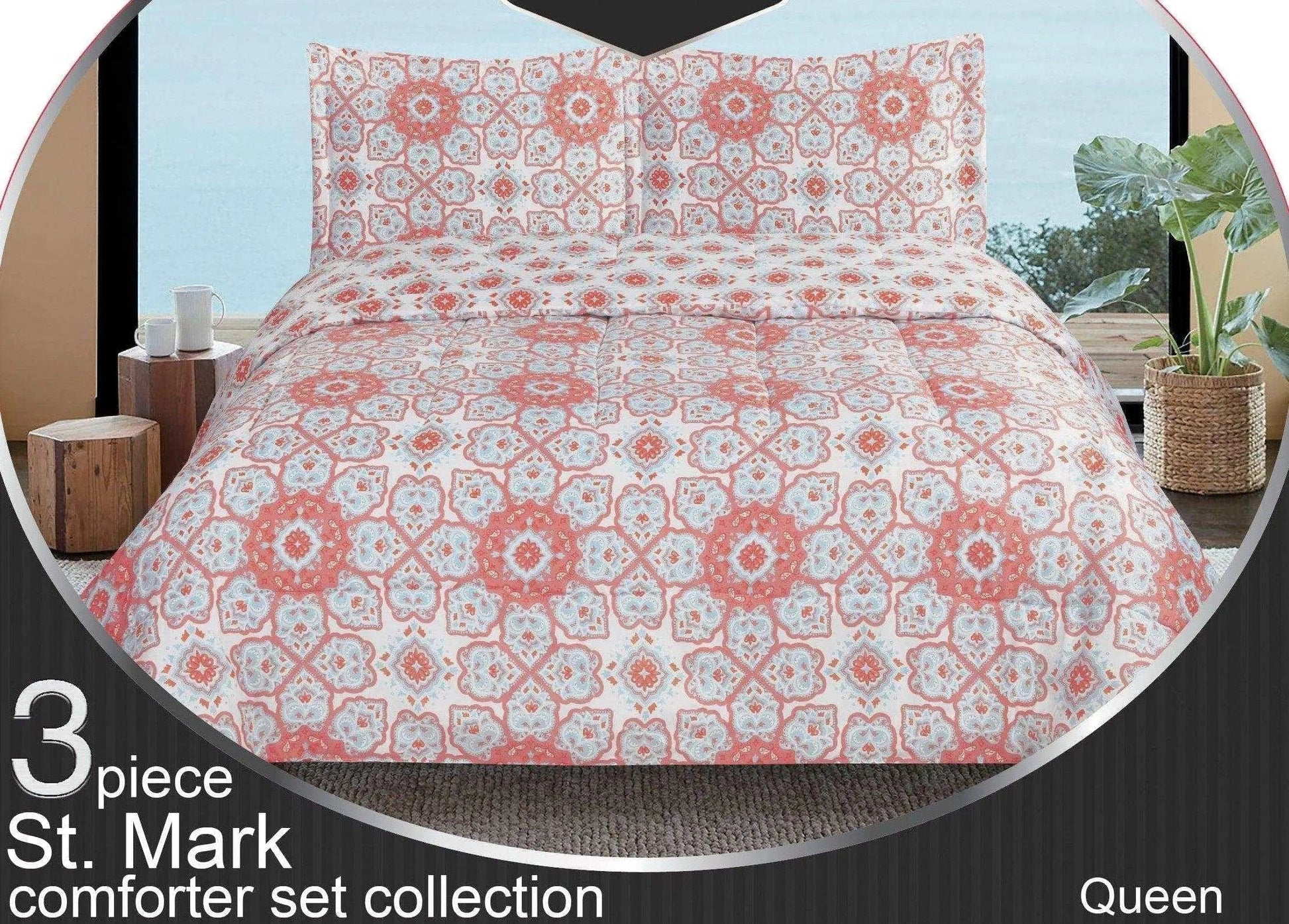 Linen World Quilts & Comforters Coral/Teal / Queen 3 PC "St. Marks" Queen/King Comforter Set
