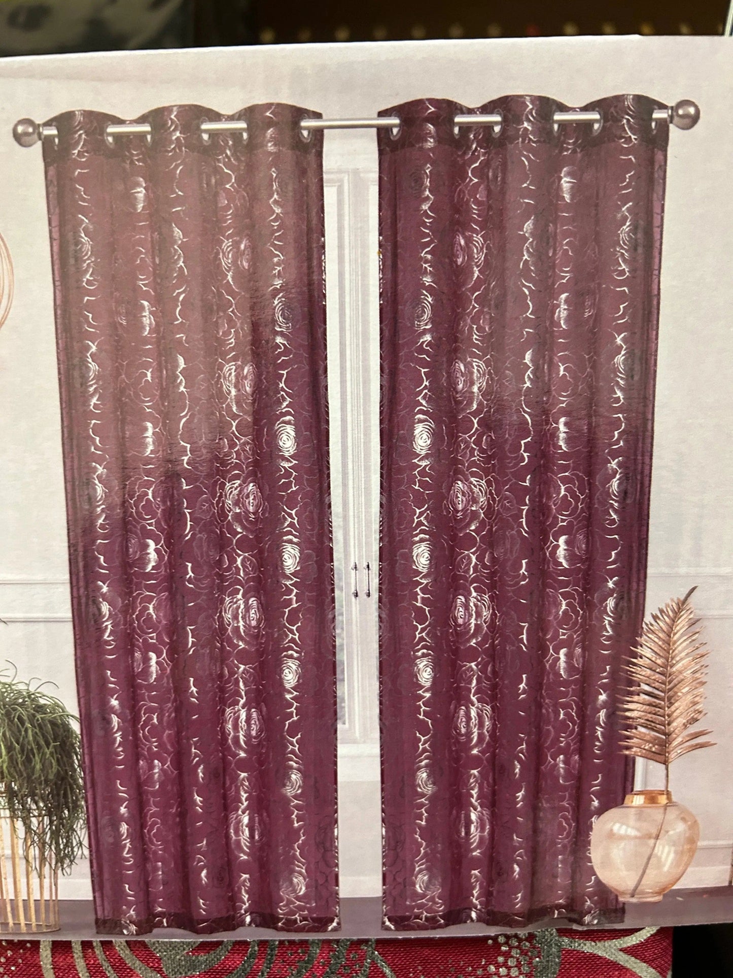 Linen World ‘Cynthia’ 2 Pack Metallic Flower Sheer Grommets Curtain Panels