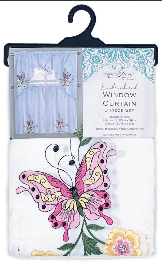 Linen World Embroidered Butterfly Dollies, Place Mat, Table Runner and Matching Kitchen Curtain