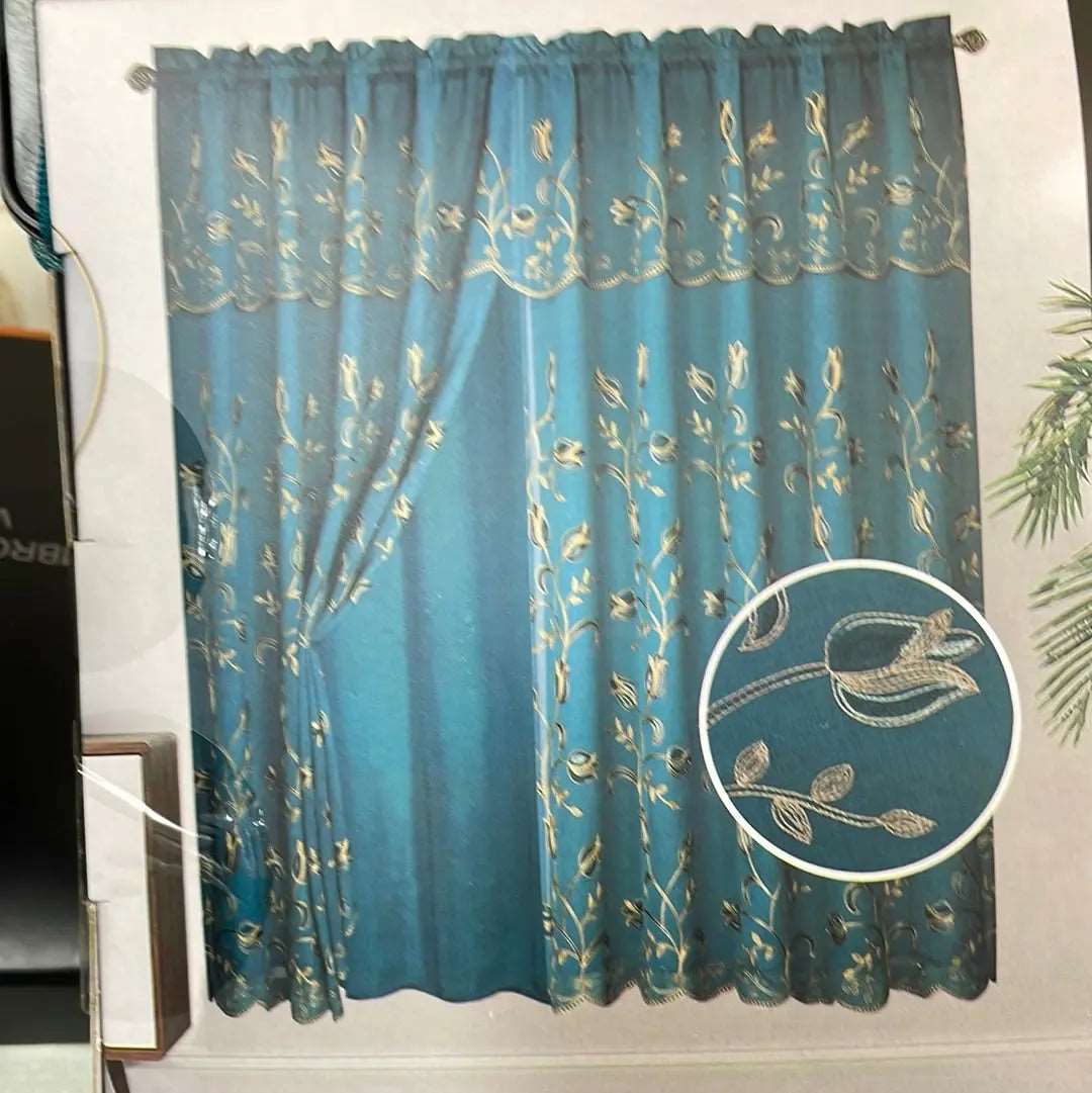 Linen World Curtain Panel Embroidered Rod Pocket Panel with Attached Valance and Backing