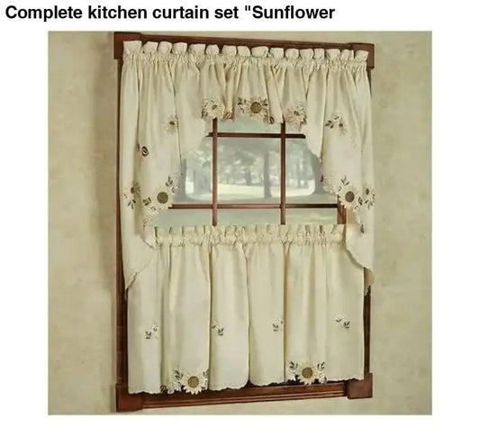 Linen World Embroidered Sunflower Kitchen Tier, Swag, and Valance Curtains