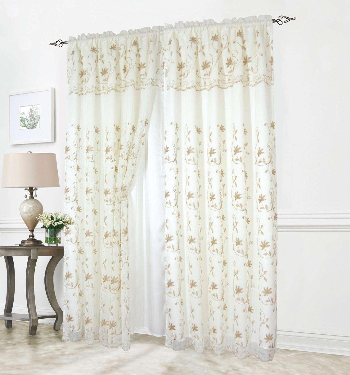 Linen World Gold / 63" inches Liliana Floral Embroidered Rod Pocket Window Panel With Valance and Backing