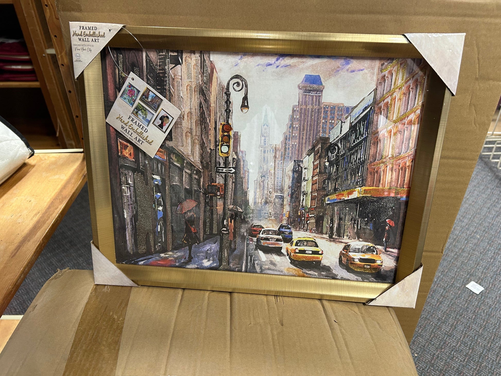 Linen World Gold / City Cab Framed Foil Art City Scene