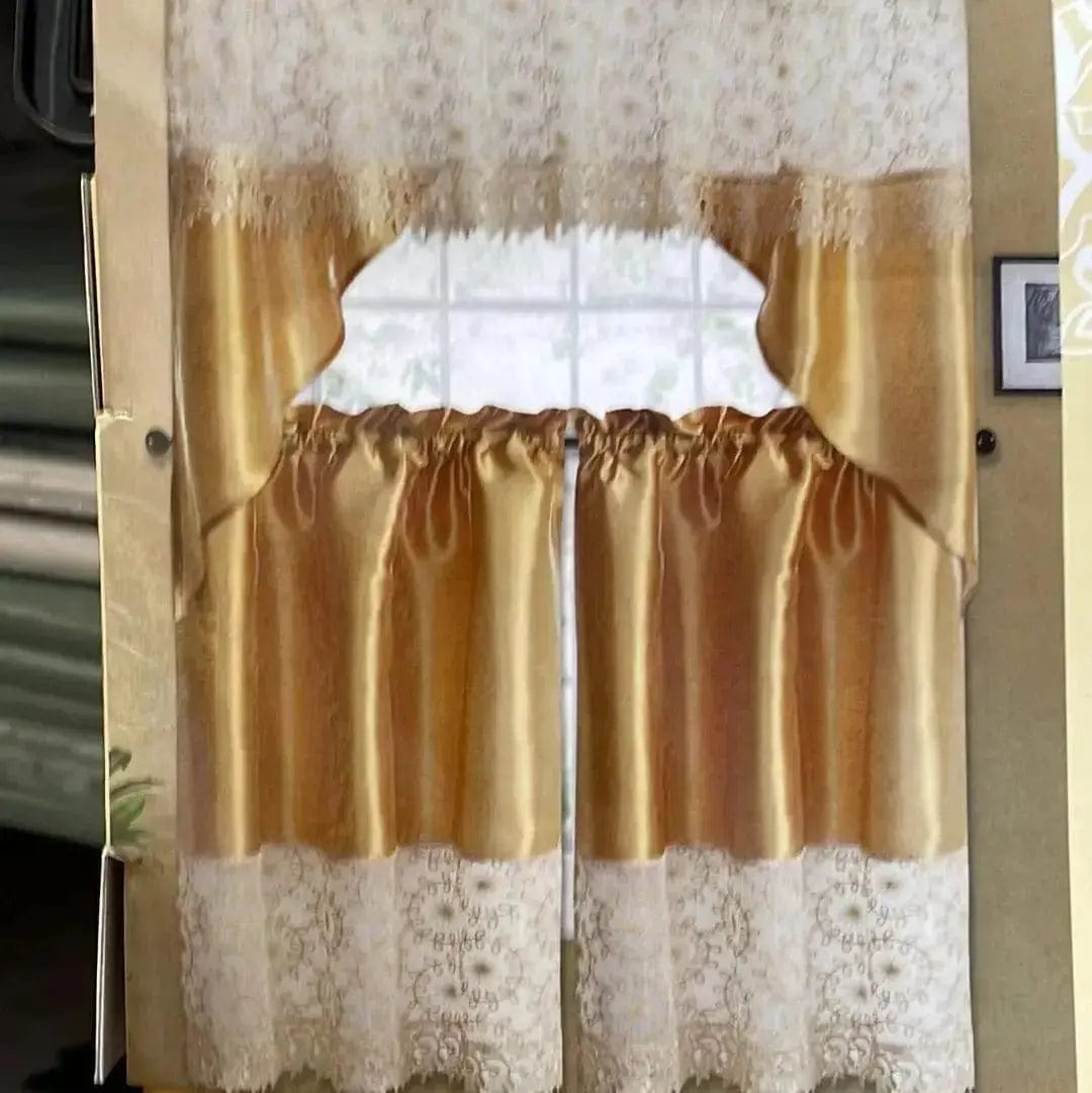 Linen World Window Treatments Gold Embroidered Lacey 3 pc Kitchen Curtains