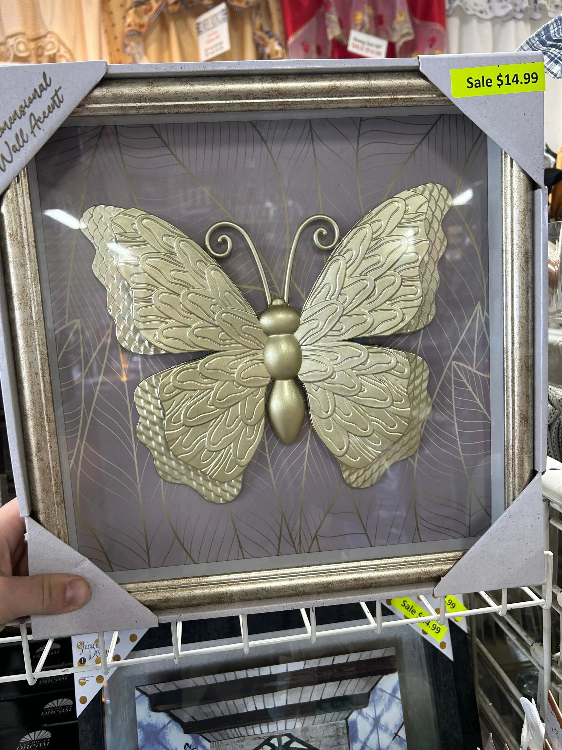 Linen World Gold/gold lavender 14”x14” Framed Metallic Butterfly