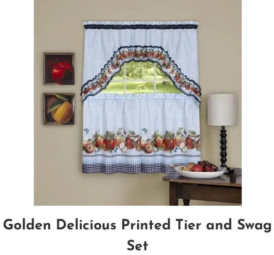 Linen World “Golden Delicious” 3 pc Embellished kitchen curtain set