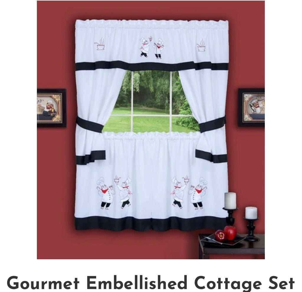 Linen World “Gourmet” Embellished 3 pc kitchen curtain set