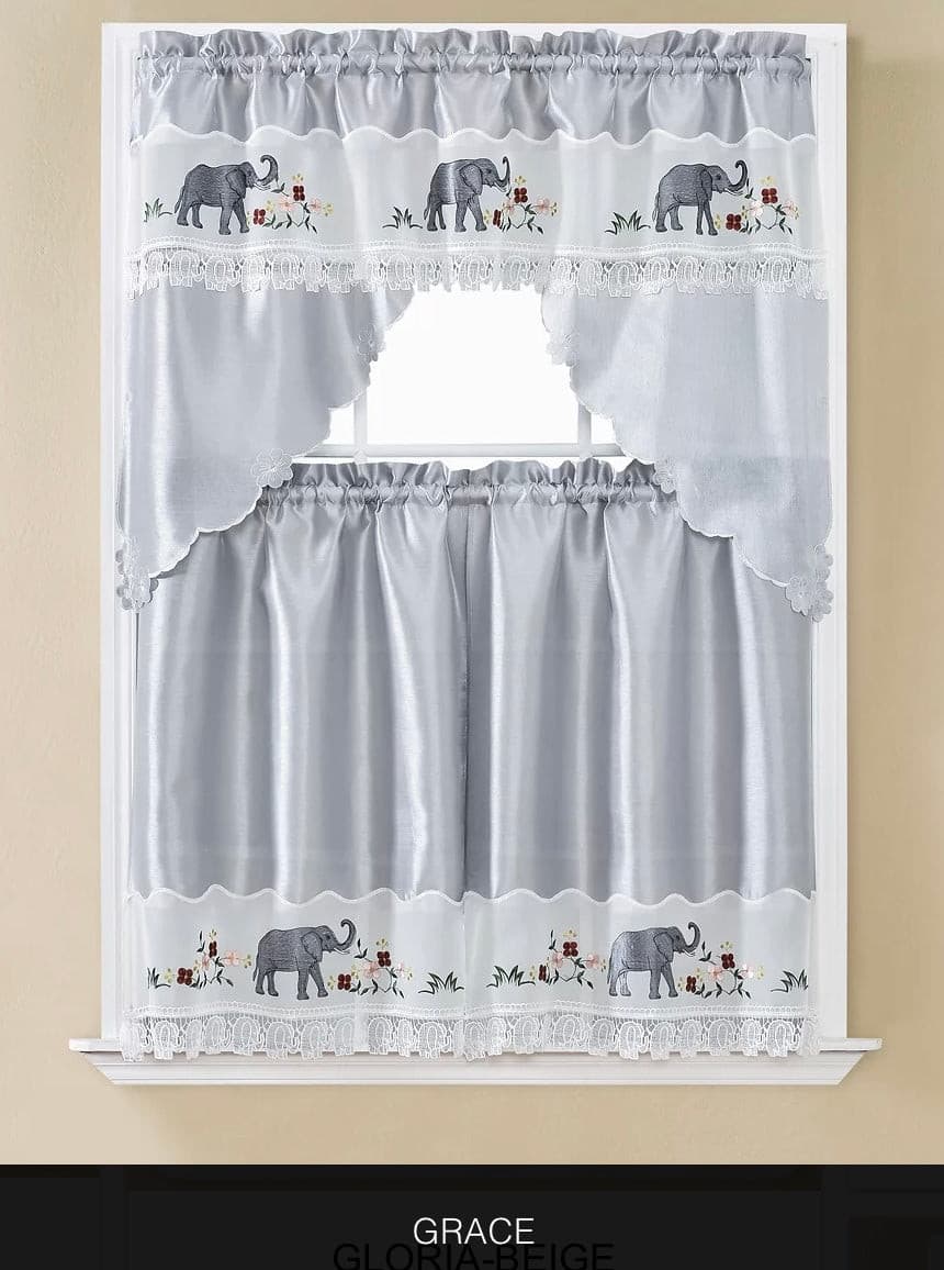 Linen World “Grace” Embroidered Elephant Kitchen Curtains