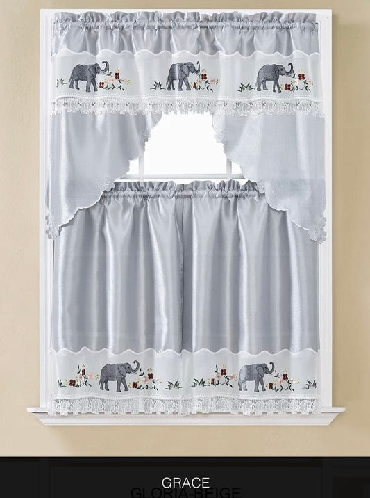 Linen World “Grace” Embroidered Elephant Kitchen Curtains