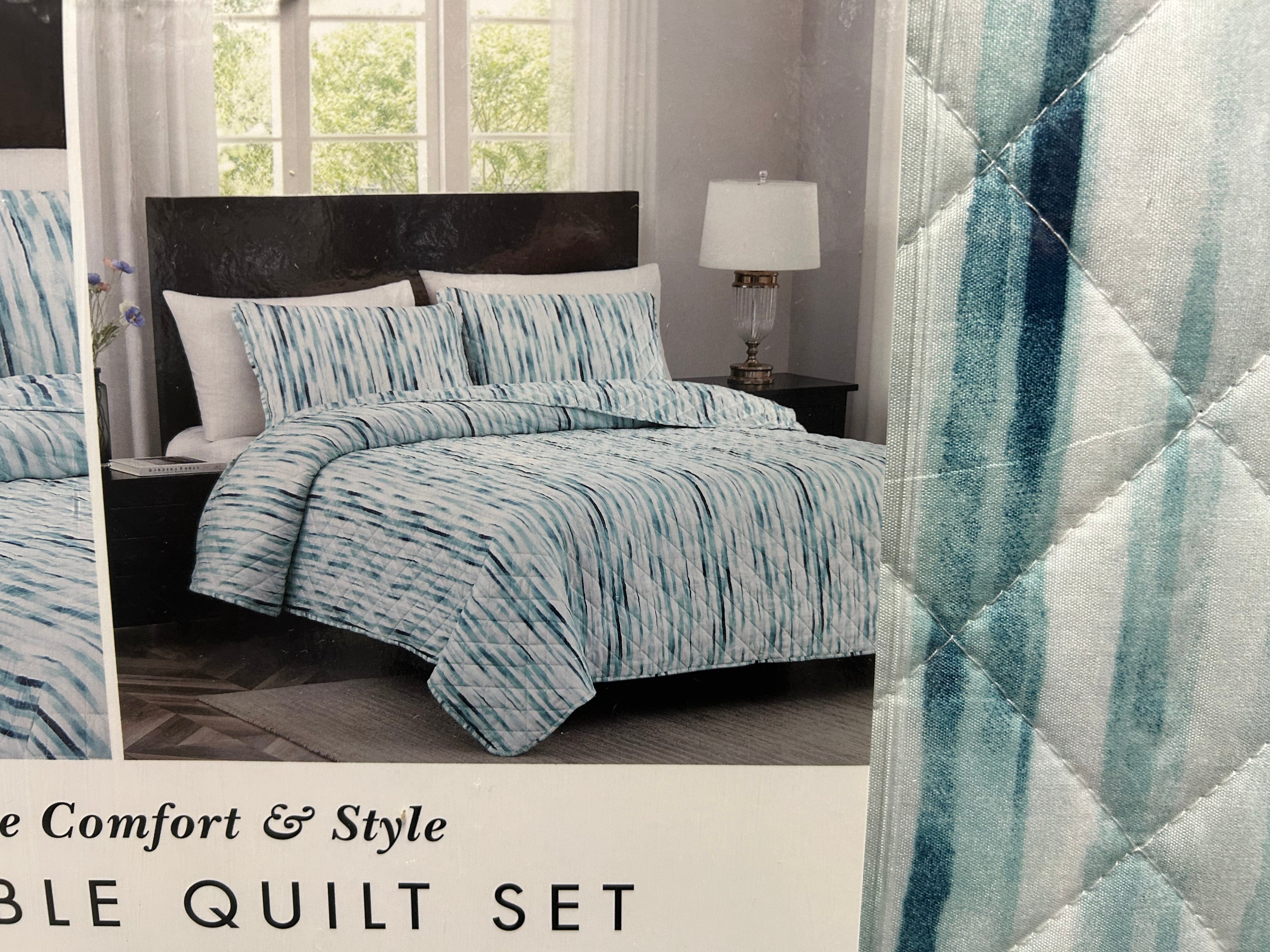 Linen World Green and Blue BEAUTIFUL OVERSIZED 3 PC QUILT SET