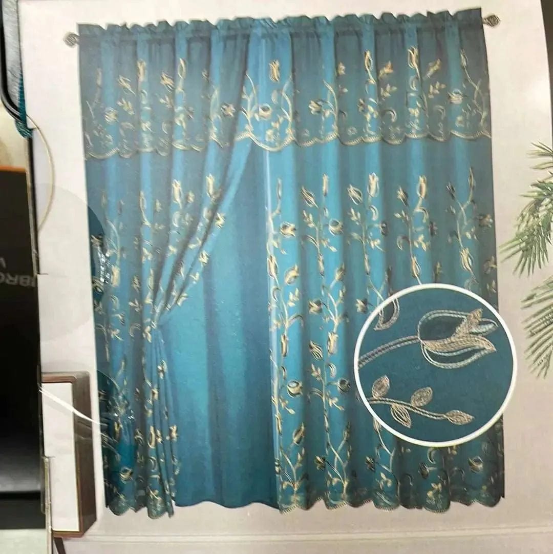 Linen World Curtain Panel Green Embroidered Rod Pocket Panel with Attached Valance and Backing