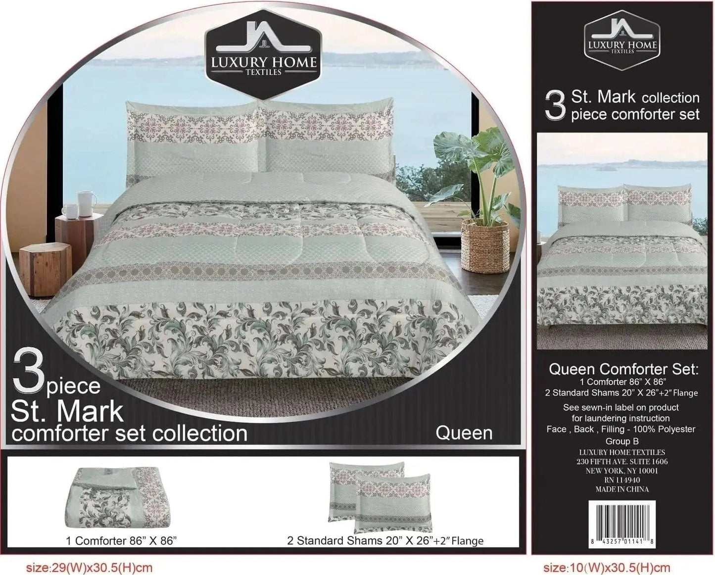 Linen World Quilts & Comforters Green Pattern / Queen 3 PC "St. Marks" Queen/King Comforter Set