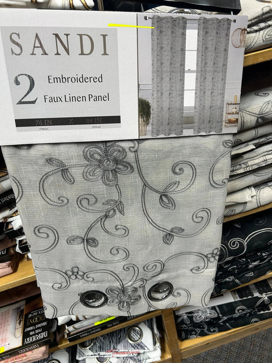 Linen World Grey ‘Sandy’ 2 Pack Faux Linen Embroidered Sheer Curtain Panels