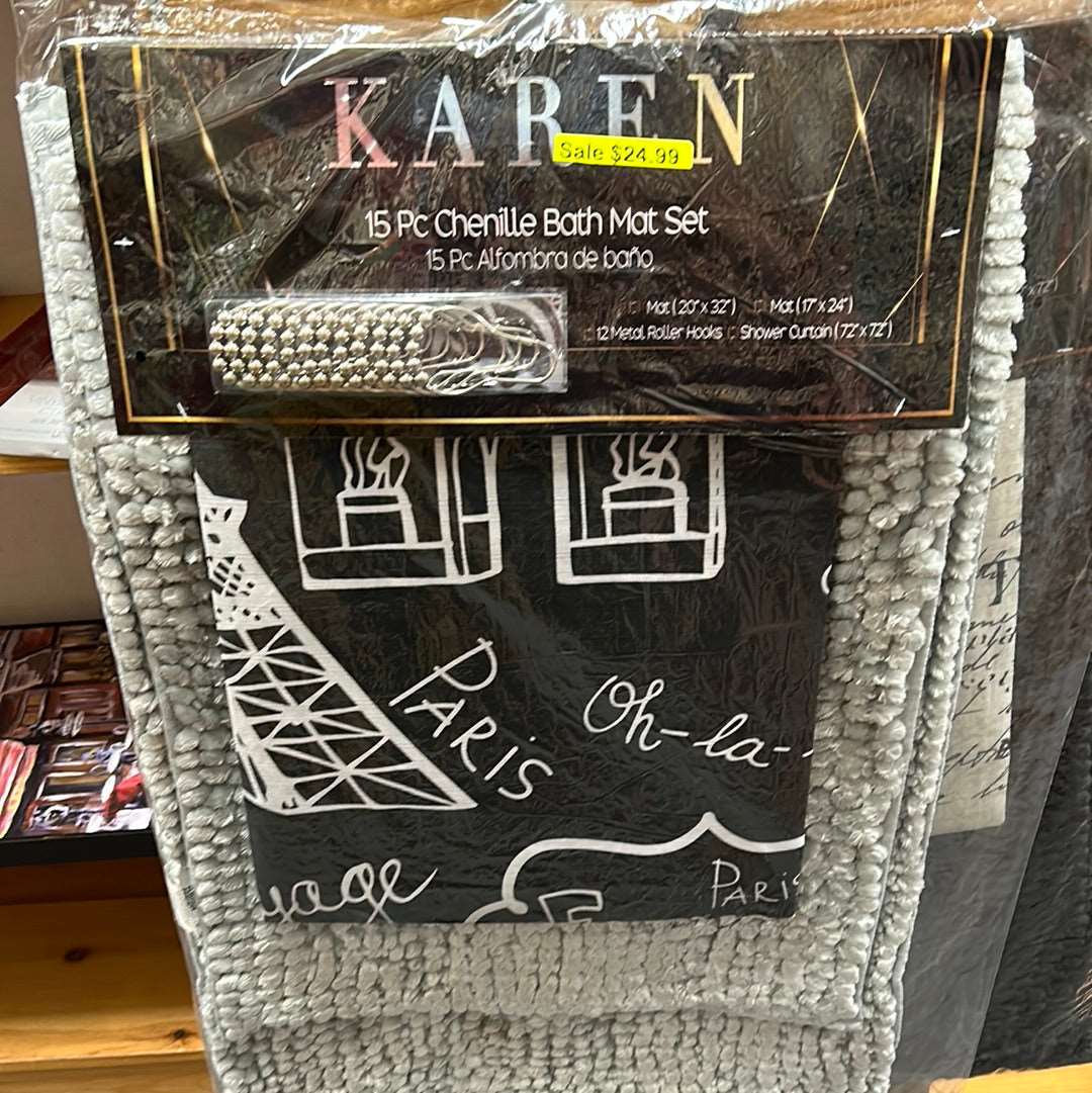 Linen World “Karen” 15 pc Chenille Bath Mat Set with Fabric Shower Curtain