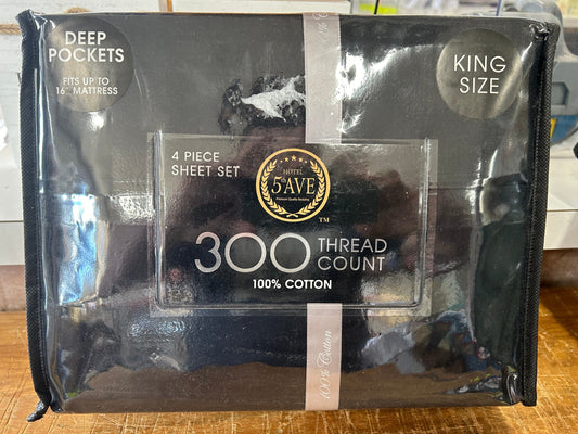 Linen World King / Black 300 Thread Count 100% Cotton Deep Pocket Sheet Set - Queen and King