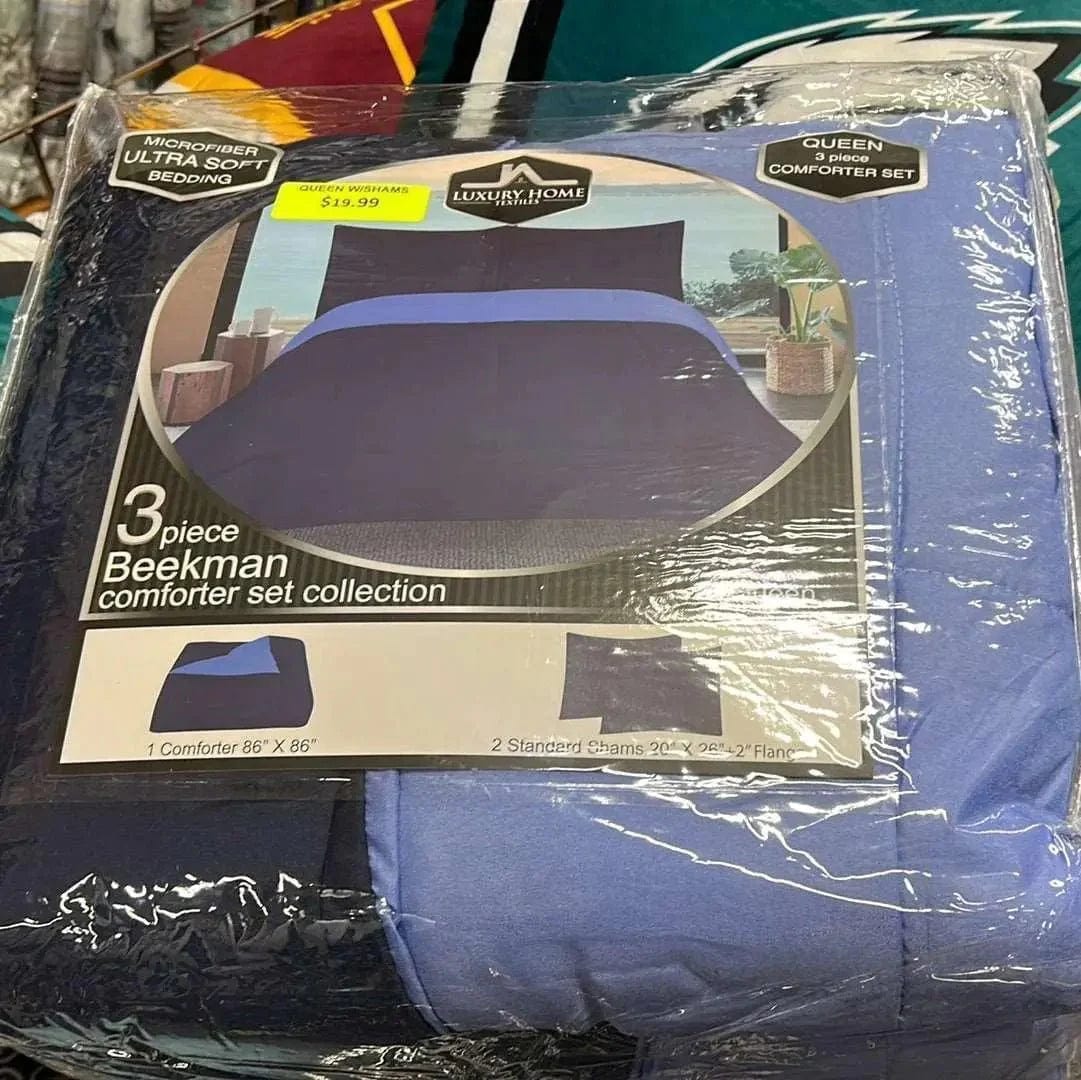Linen World Lt Blue/Dark Blue / Queen 3 PC “Beekman” Reversible Comforter Set Queen/King