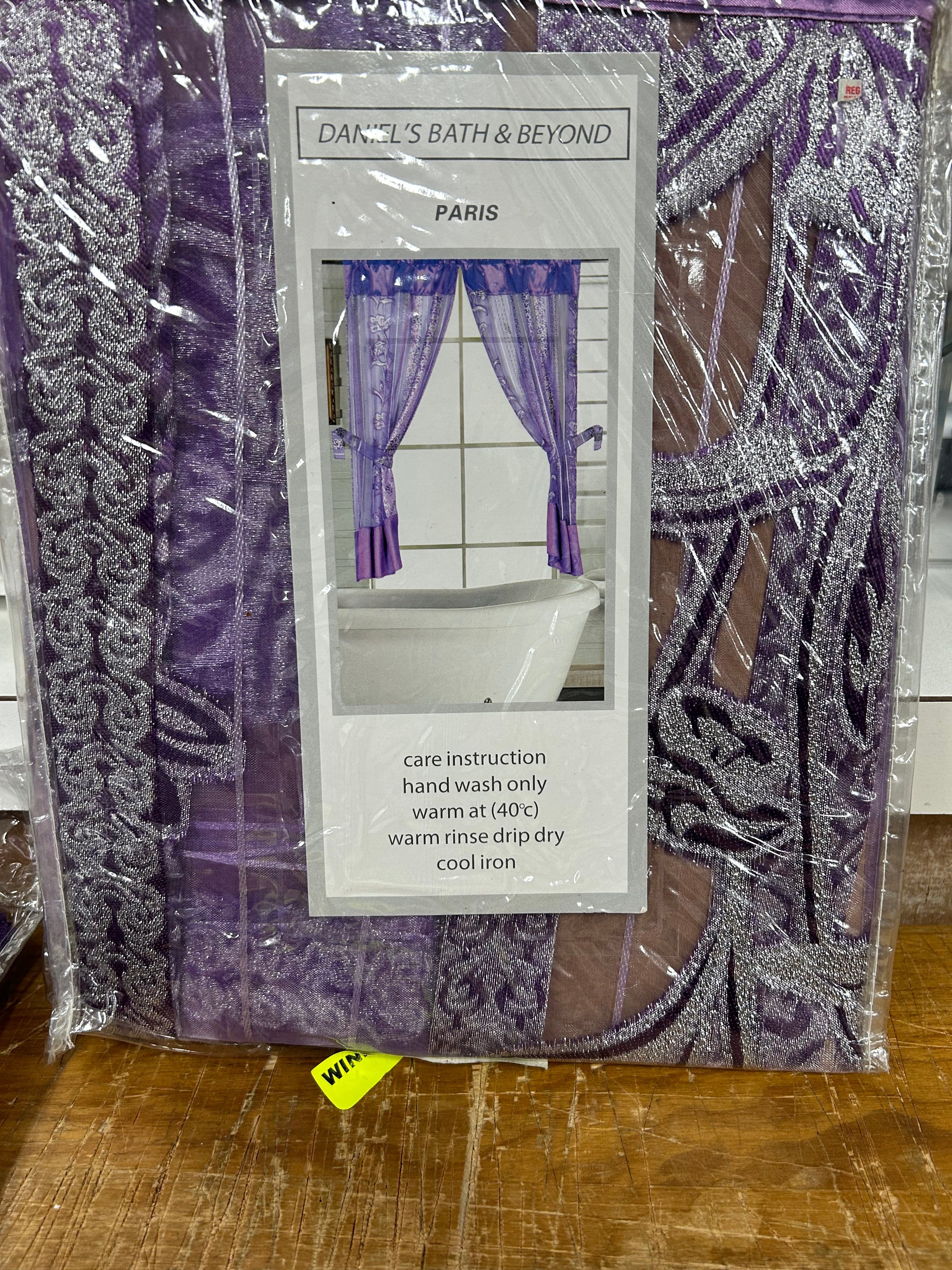 Linen World MATCHING WINDOW CURTAIN Paris Purple Complete Shower Curtain Set with Scarf