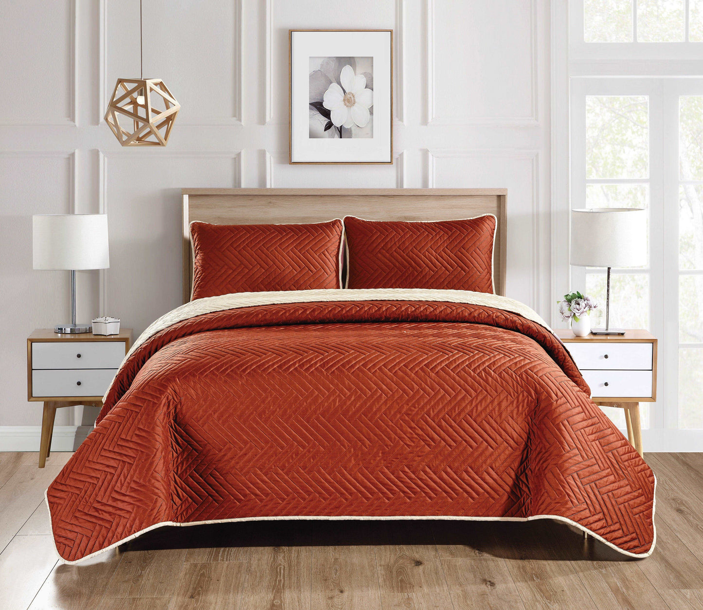 Linen World Orange/Green / King “Sutton” 3 piece reversible quilt set with 2 shams