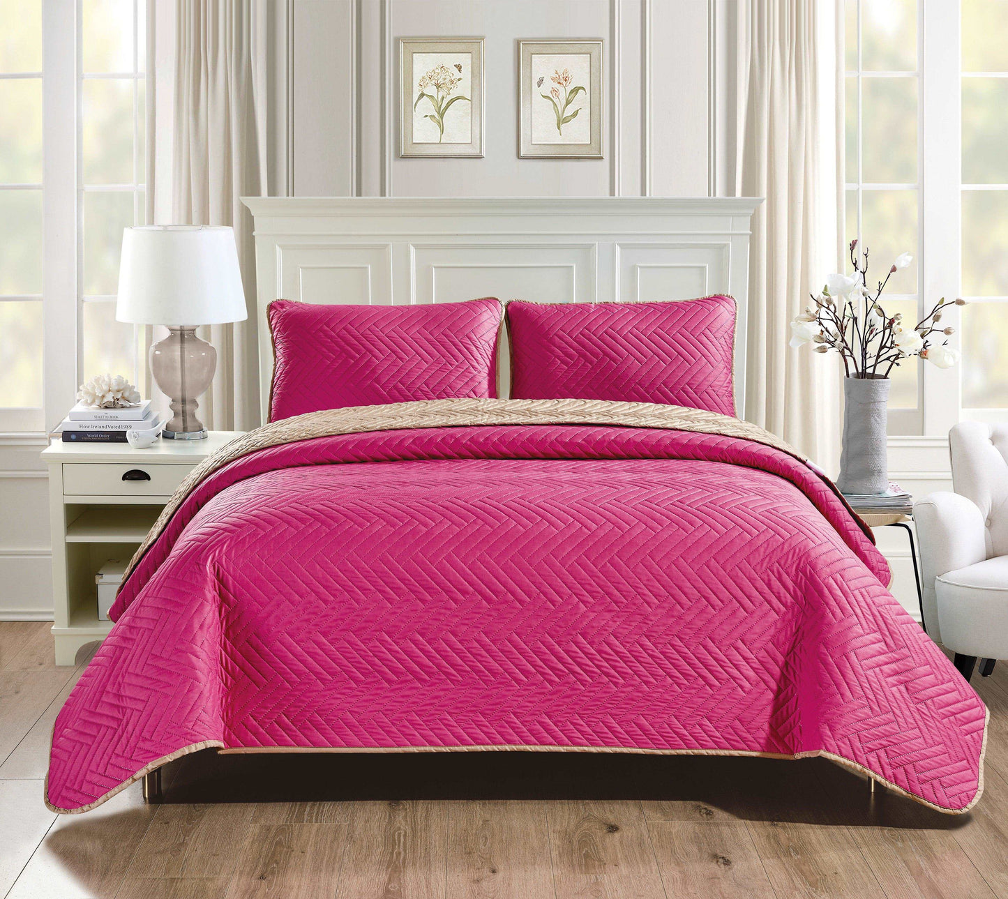 Linen World Pink/Tan / King “Sutton” 3 piece reversible quilt set with 2 shams