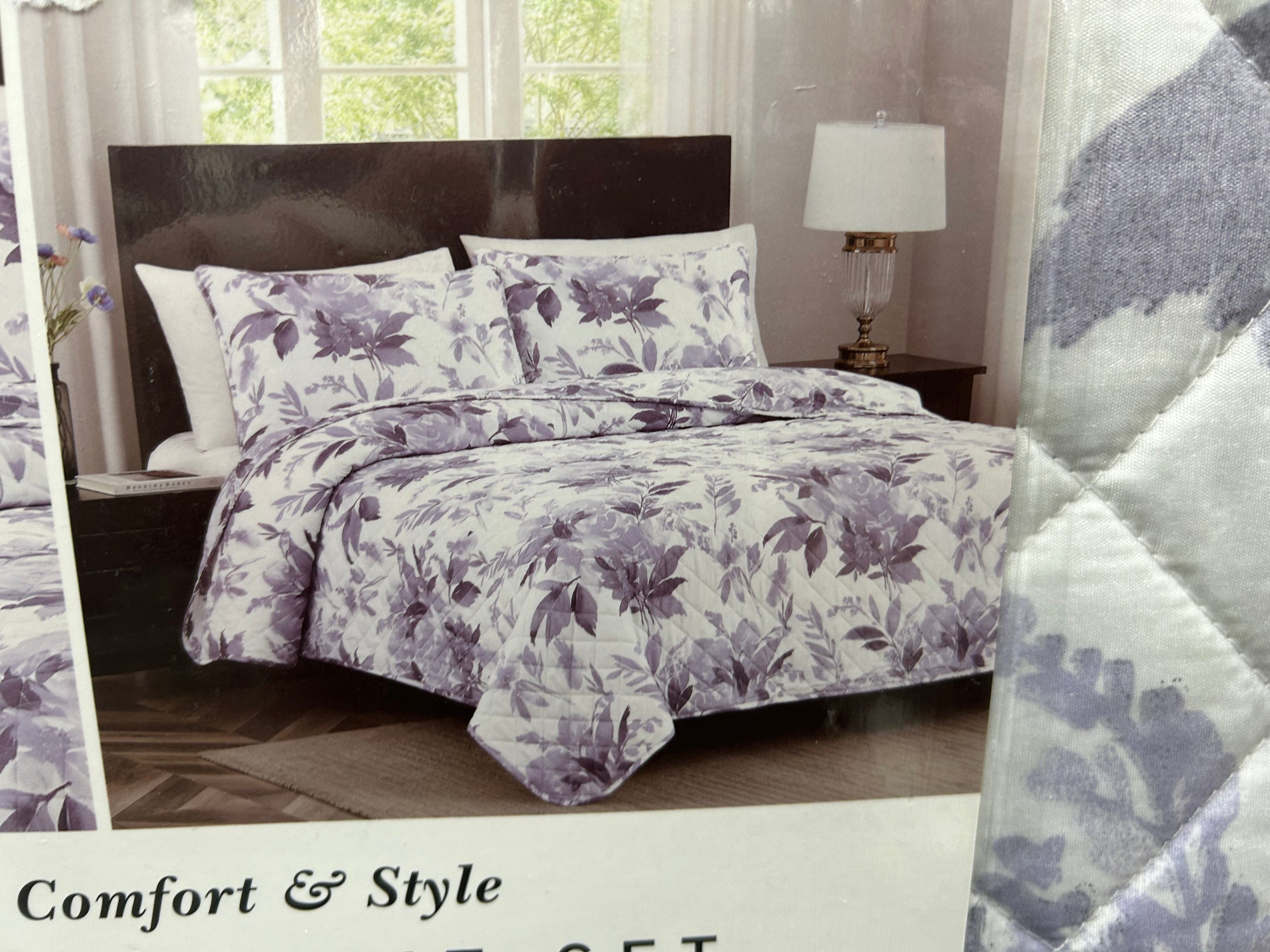 Linen World Purple Floral BEAUTIFUL OVERSIZED 3 PC QUILT SET