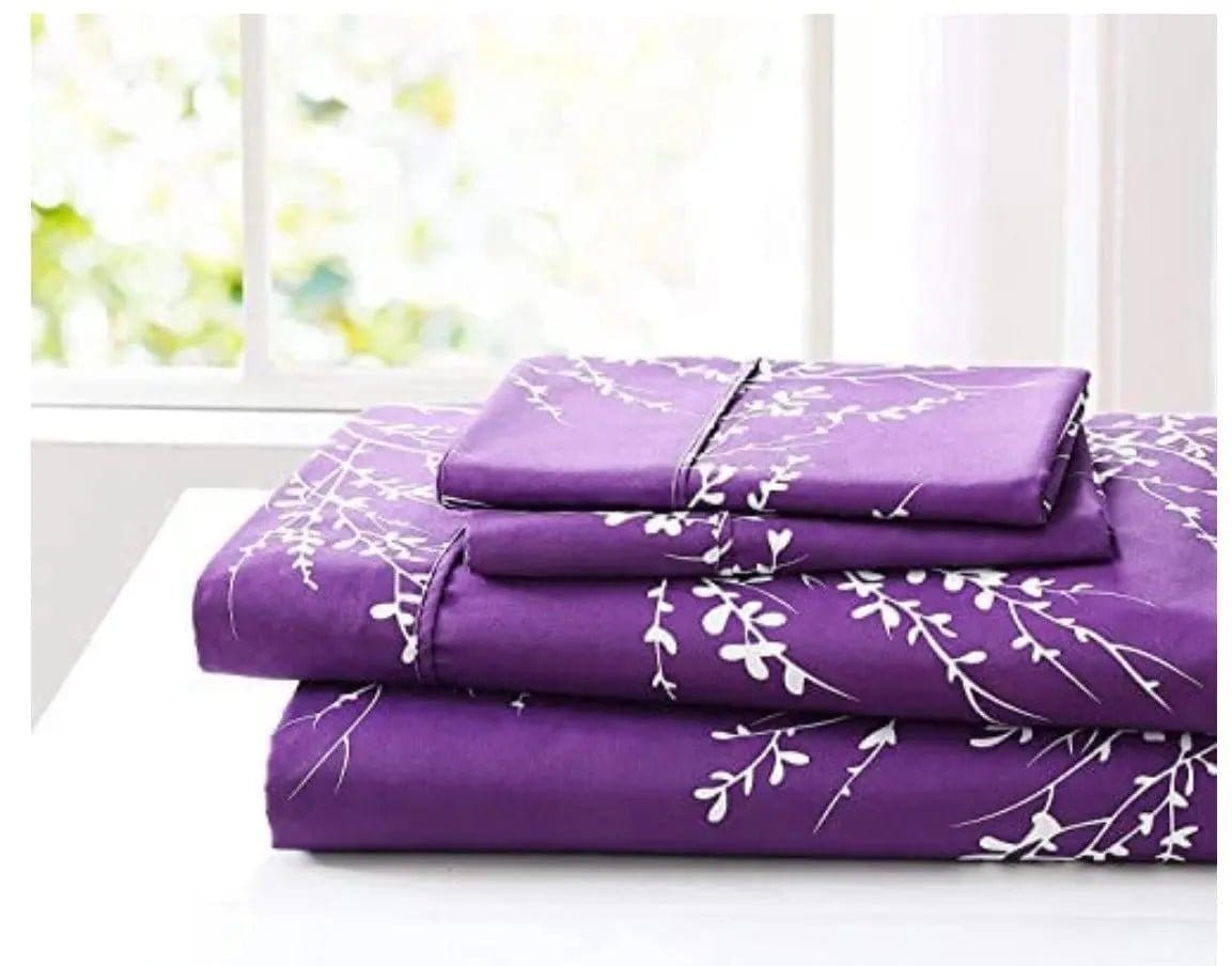 Linen World Bed Sheets Purple / Full/Queen Matching Foliage Sheet Set, Super Soft Microfiber Bedding, Elegant Foliage Design & Ideal for All Seasons