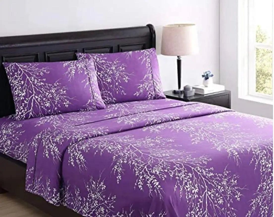 Linen World Bed Sheets Purple / King Matching Foliage Sheet Set, Super Soft Microfiber Bedding, Elegant Foliage Design & Ideal for All Seasons
