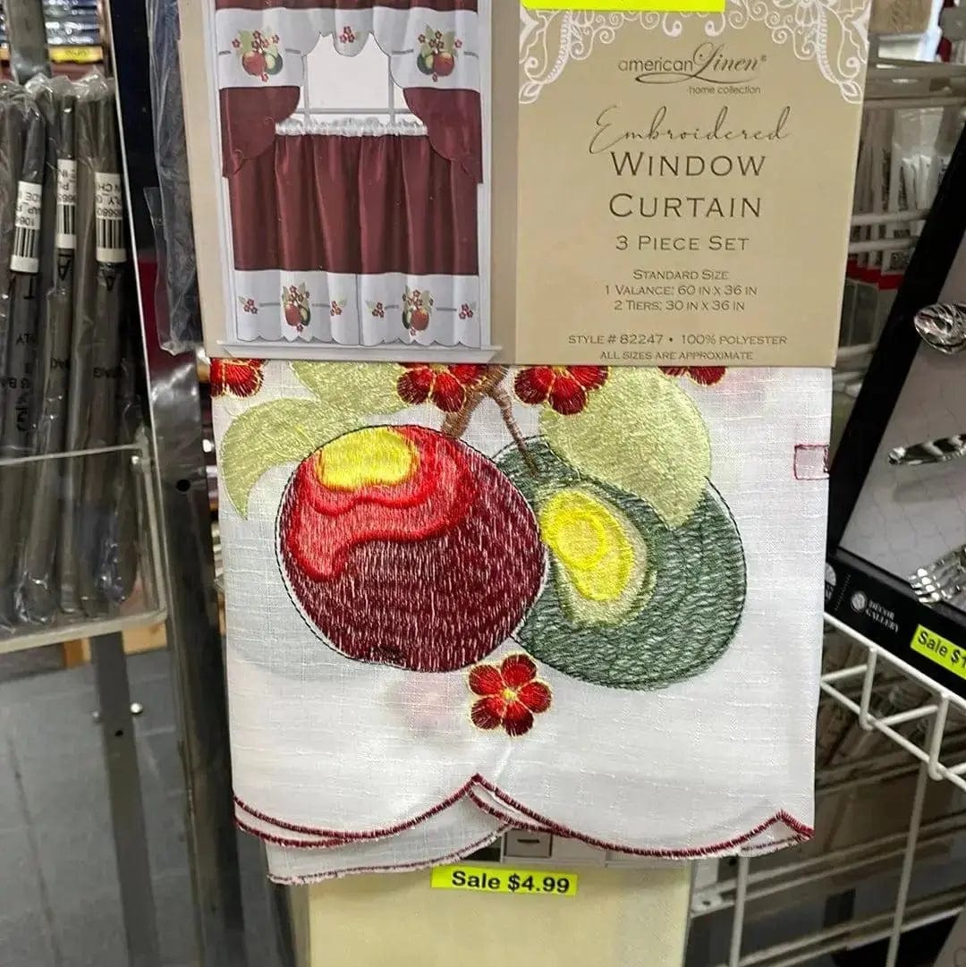 Linen World kitchen curtains Red Embroidered “Apples” 3 pc Kitchen Curtain Set