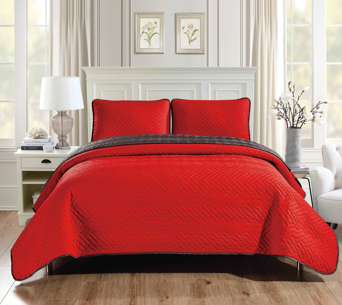Linen World Red/Gray / King “Sutton” 3 piece reversible quilt set with 2 shams