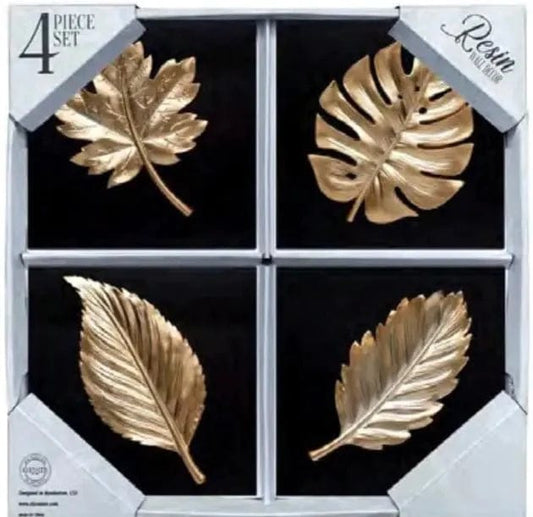 Linen World RESIN 4PC SET - LEAVES ACCENTS IN BLACK/GOLD